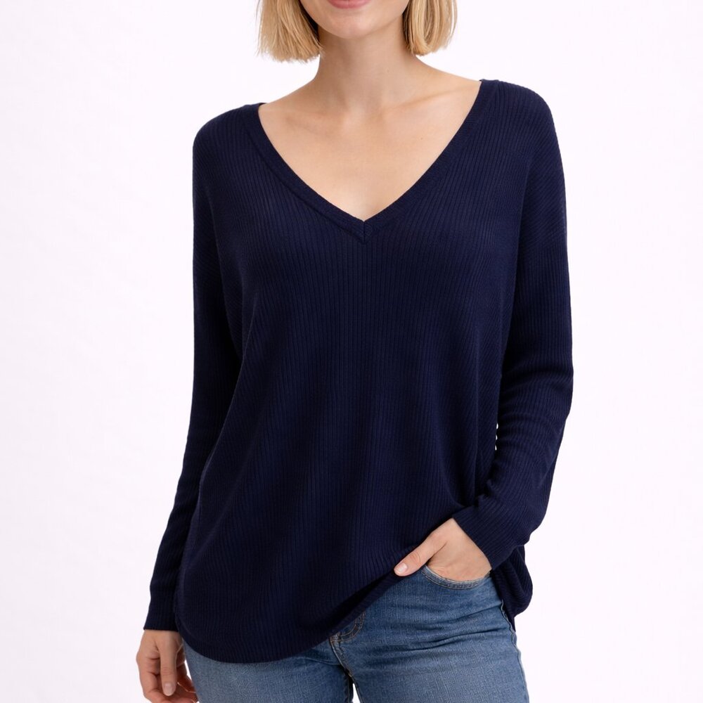 White House Black Market Navy Blue Ribbed V-Neck Sweater M